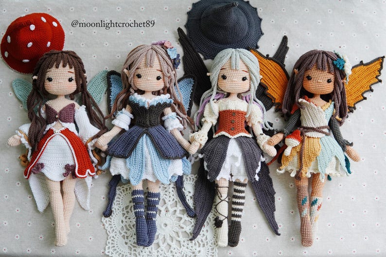 Crochet fairy dolls with wings, dresses and hairstyles